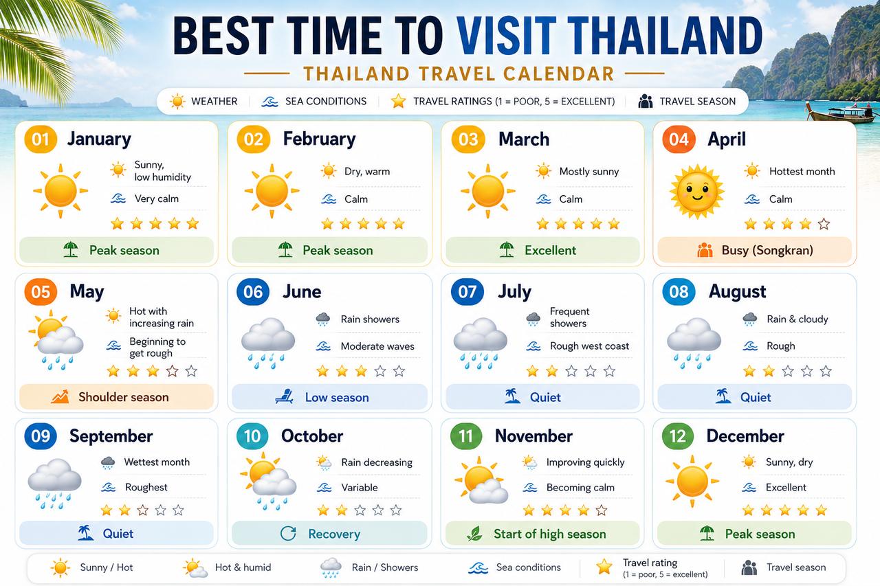 Thailand travel calendar with the weather, sea conditions and travel season for each month